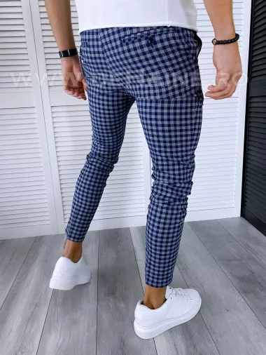 Pantaloni barbati casual regular fit bleumarin in carouri B1589 F7-5